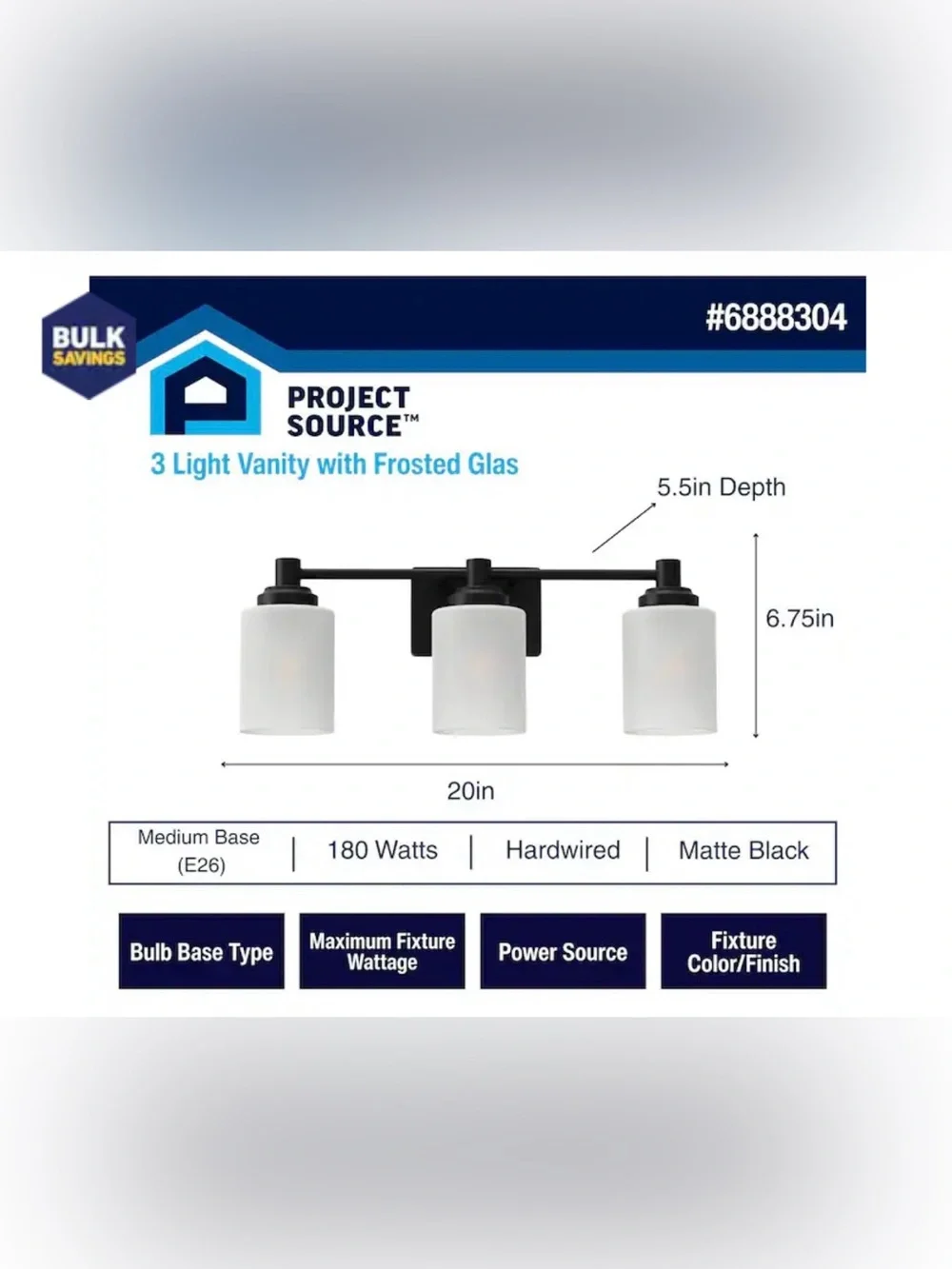 New Project Source Emma matte black Modern 3-Light Bathroom Vanity Light Fixture